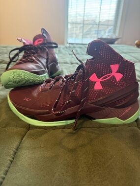 Under Armour Curry Basketball Shoes - Maroon with Neon Pink & Light Green